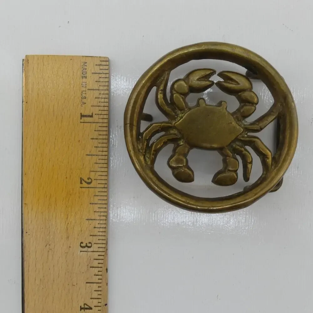 Vintage Solid Brass Crab Belt Buckle Round Nautical Coastal Beachwear Unisex